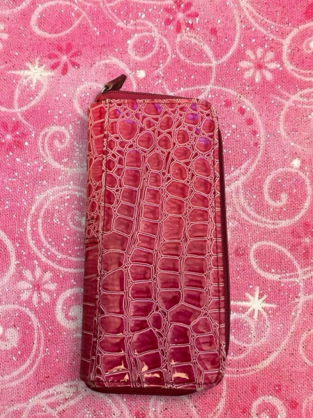 Pink Croc-Embossed Zip Wallet with Gold Rings - Picture 2 of 5